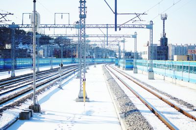 Train at railroad station during winter