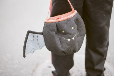 Midsection of boy with bat treat bag standing on field during halloween