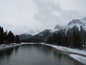 Scenic view of lake and snowcapped mountains against sky