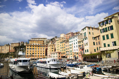 Boats moored at harbor