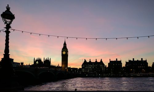 Bridge over river and buildings against sky during sunset