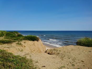 Scenic view of beach against clear blue sky