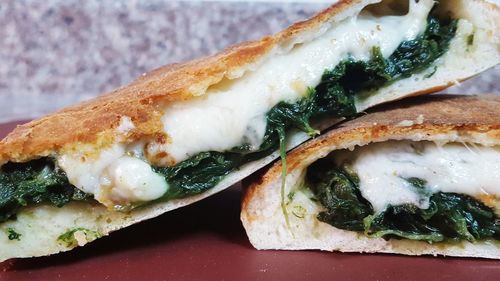Close-up of spinach sandwich