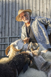 Senior farmer having fun with sheeps at farm