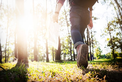 Low section of woman walking in forest