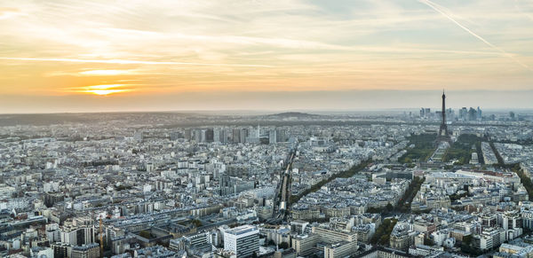 Extra wide aerial view of paris at sunset