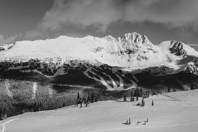 Scenic view of snow covered mountains