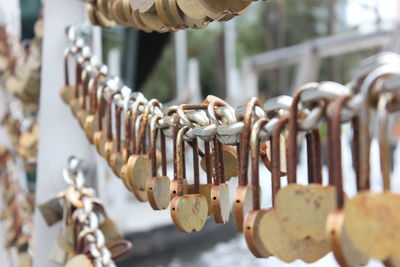 Close-up of padlocks hanging on chain