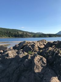 Scenic view of lake against clear blue sky