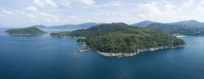 High angle view of bay against sky