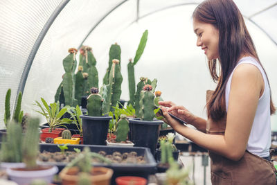 Woman looking at cactus in greenhouse garden center, asian young woman looking at small cactus