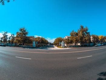 Road by trees against clear blue sky