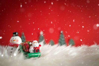 Close-up of christmas decorations against red background