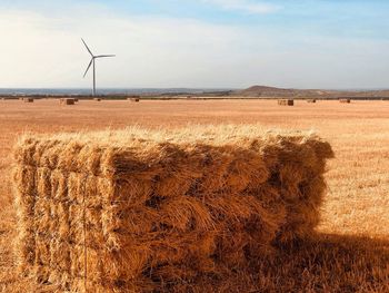 Hay bales on field against sky