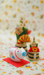 Close-up of multi colored candies on table