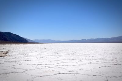 Scenic view of desert against clear blue sky