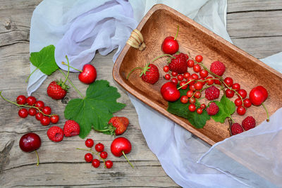 High angle view of strawberries on table