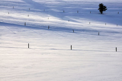 Snow covered field against sky