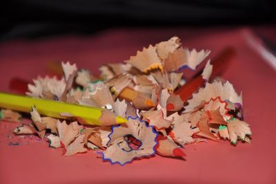 Close-up of multi colored pencils on table