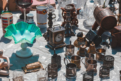 High angle view of various objects on table at market