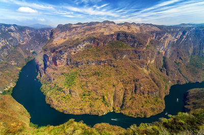 Aerial view of river by mountain