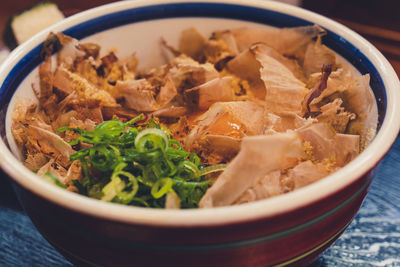 High angle view of rice in bowl on table