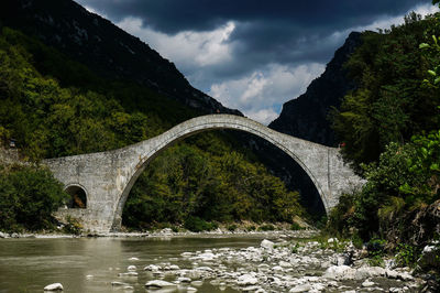 Bridge over river amidst mountains against sky