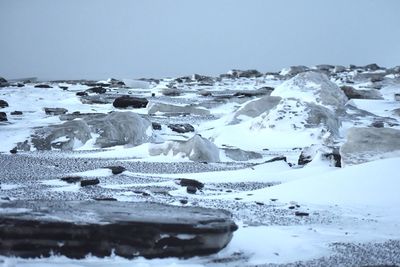 Snow covered landscape against sky