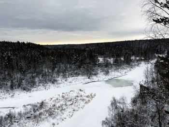 Scenic view of snow covered land against sky