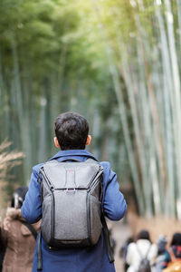 Rear view of man with backpack standing in forest