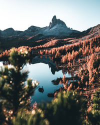 Scenic view of lake and mountains against clear sky