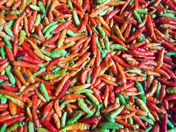 Full frame shot of red chili peppers for sale in market