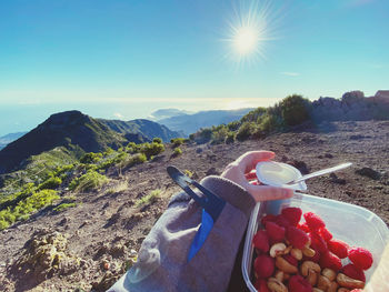 Midsection of person with ice cream against sky