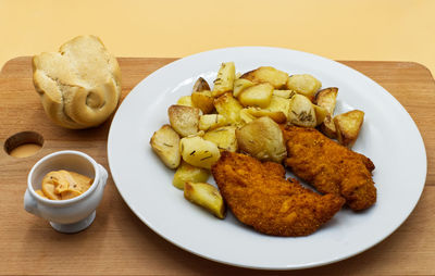 High angle view of breakfast served on table