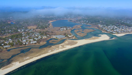 Aerial of nantucket sound at chatham, cape cod. 
