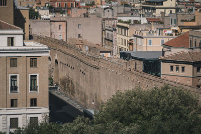 High angle view of old buildings in city