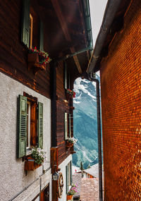 Lauterbrunnen, switzerland, jungfrau. swiss alps. house with window shutters, flower boxes