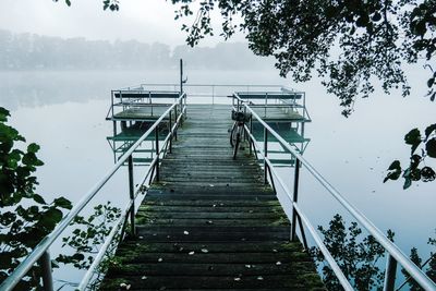 Pier amidst trees against sky