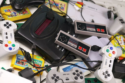 High angle view of toys on table