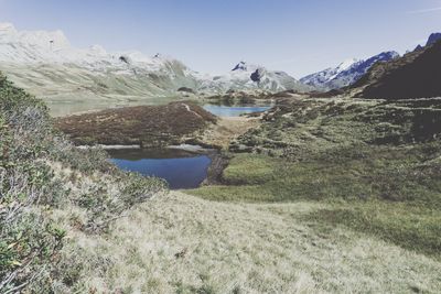 Scenic view of lake and snowcapped mountains against sky