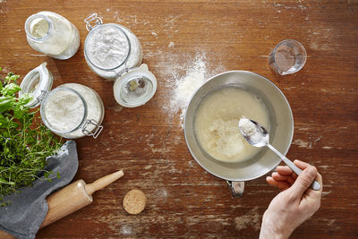 High angle view of preparing food on table