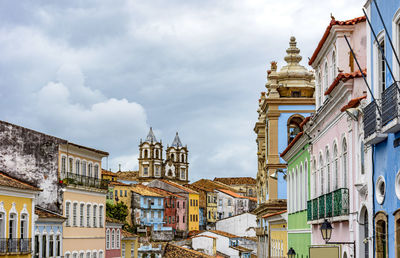 Houses and antique church towers in baroque and colonial style in pelourinho, salvador, bahia