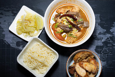High angle view of food served on table