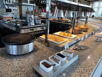 High angle view of various food in kitchen