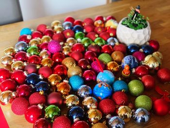 High angle view of multi colored candies on table