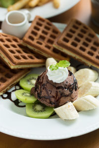 High angle view of dessert in plate on table