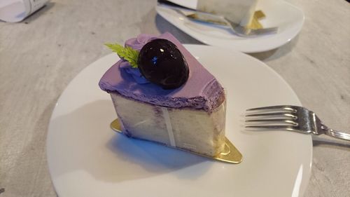 High angle view of cake in plate on table