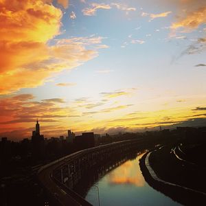 Scenic view of silhouette buildings against sky during sunset