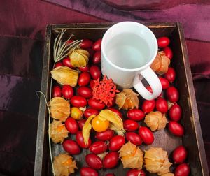 High angle view of fruits in container on table