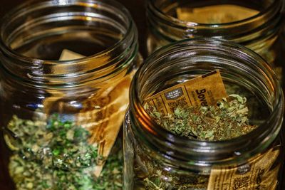 Close-up of glass jar on table